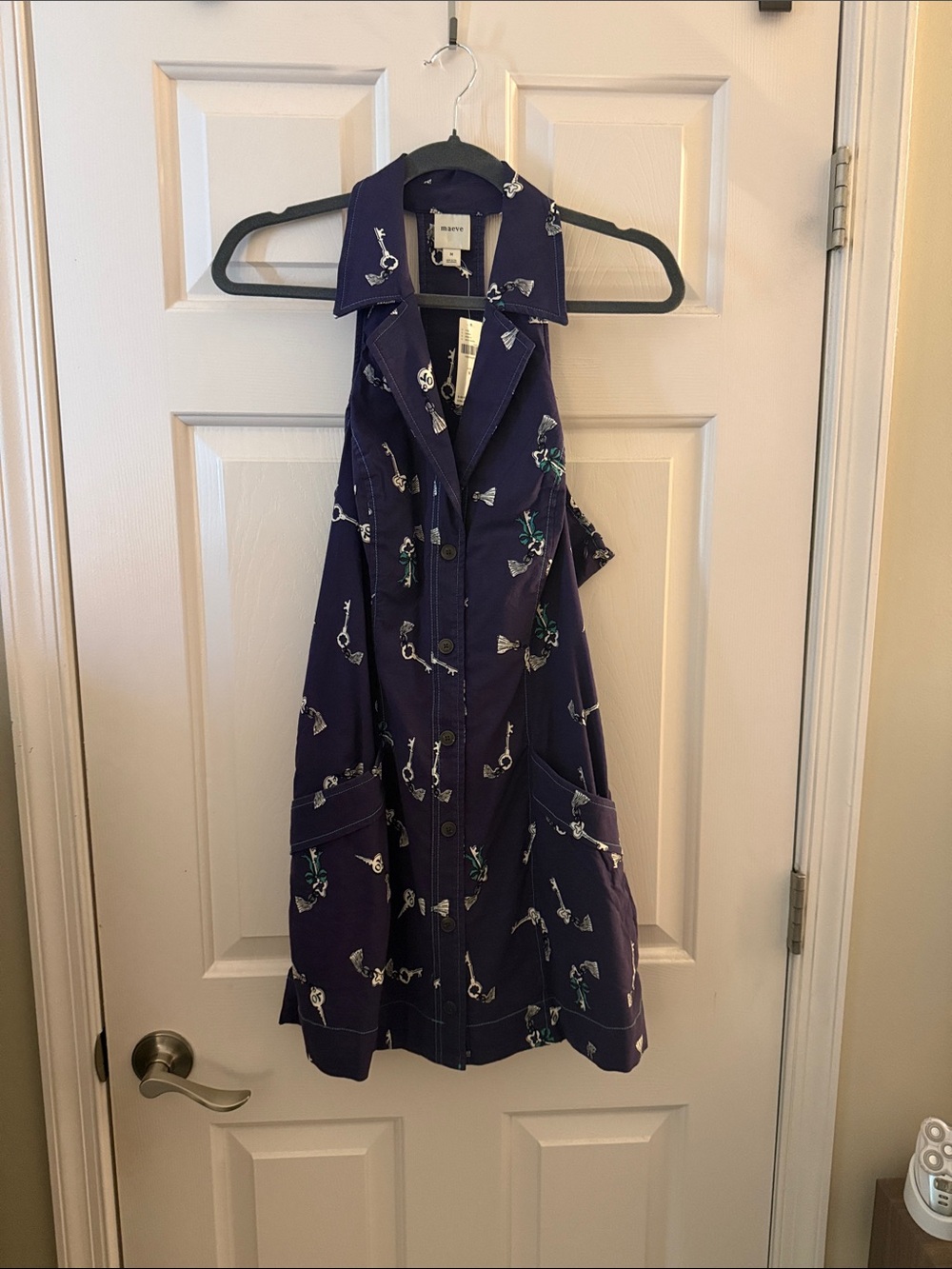 Maeve Navy Button-Front Sleeveless Dress with Key Print